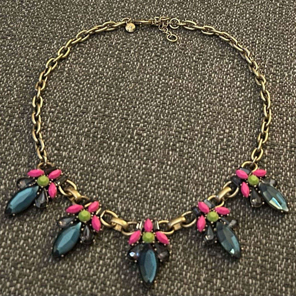 J. CREW Signed Blue, Pink & Lime Green & Gold Tone Statement Necklace